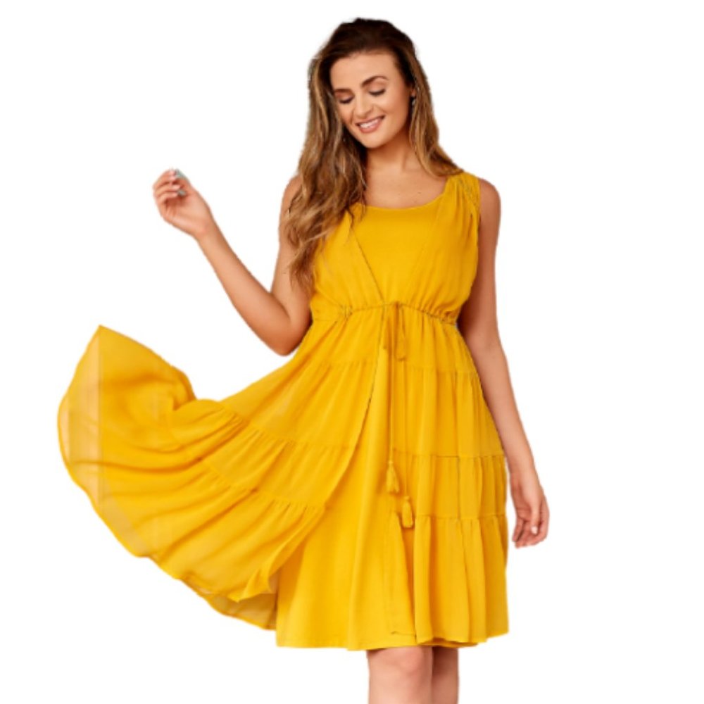 Rachel Hollis Ltd. Small Knit Dress with Sheer Cardigan Set Mustard Yellow S